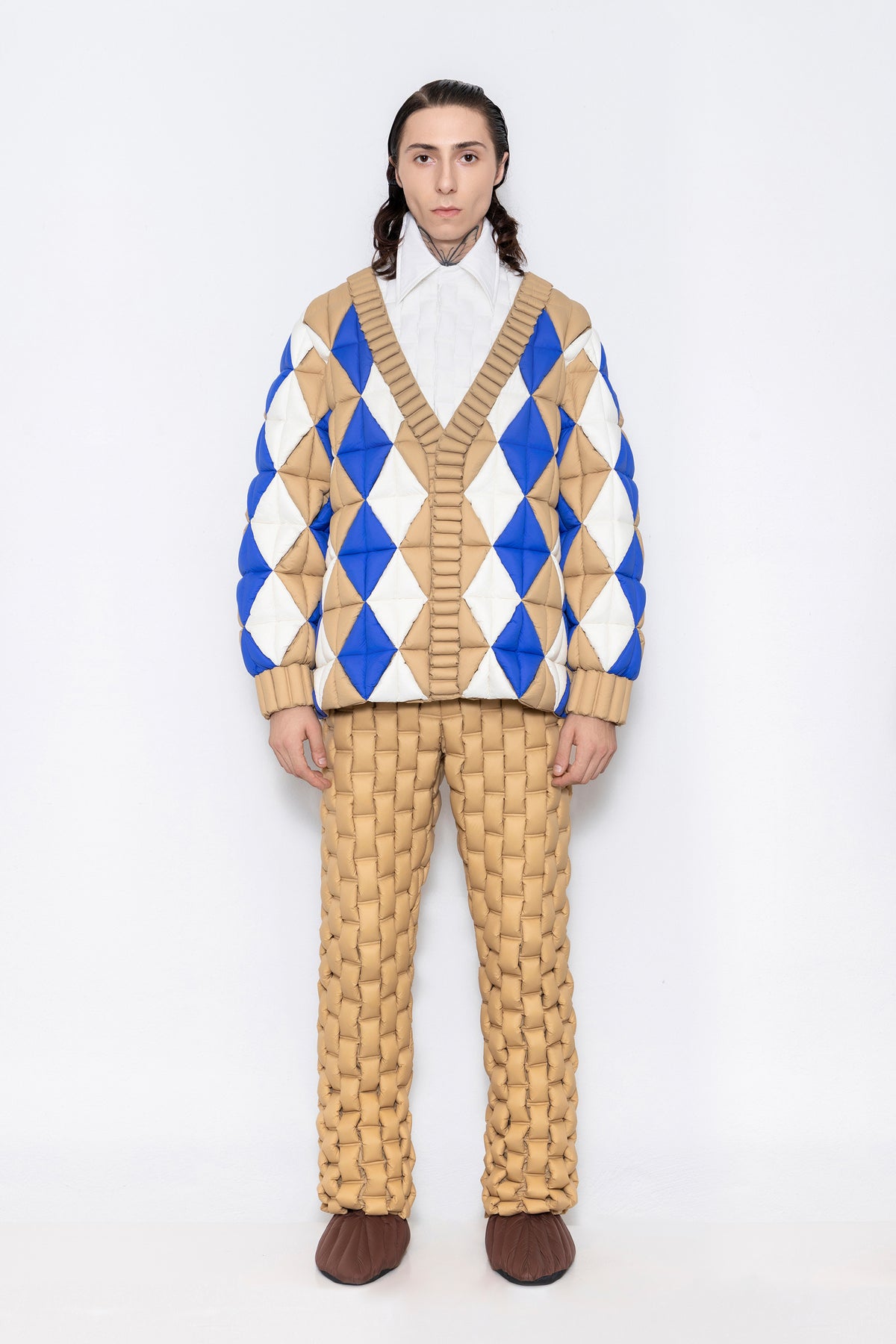 RAXXY QUILTED COLOR-BLOCKED V-NECK GOOSE DOWN CARDIGAN